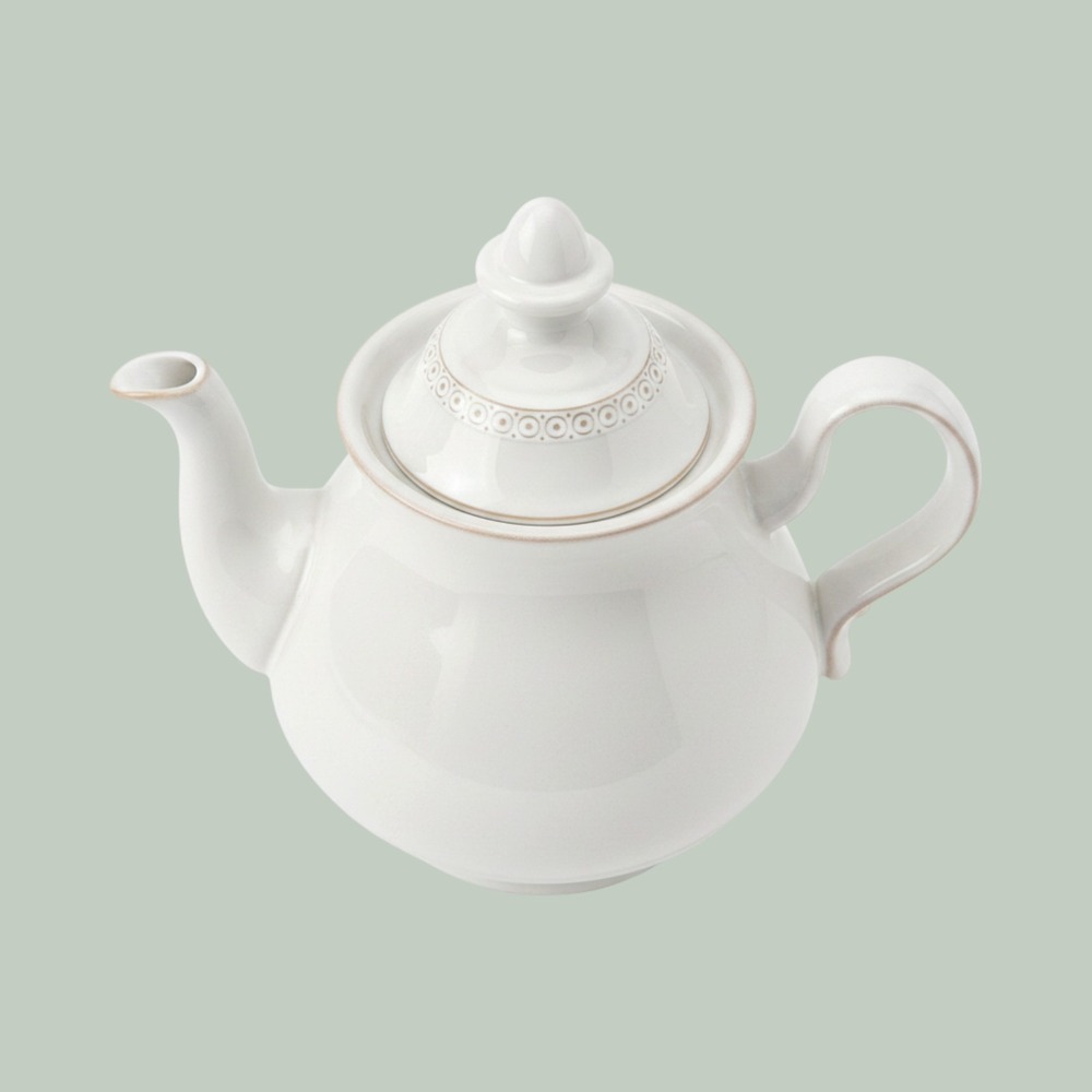 Denby England White Linen Stoneware Teapot with‎ Lid Brown Rim Geometric Border